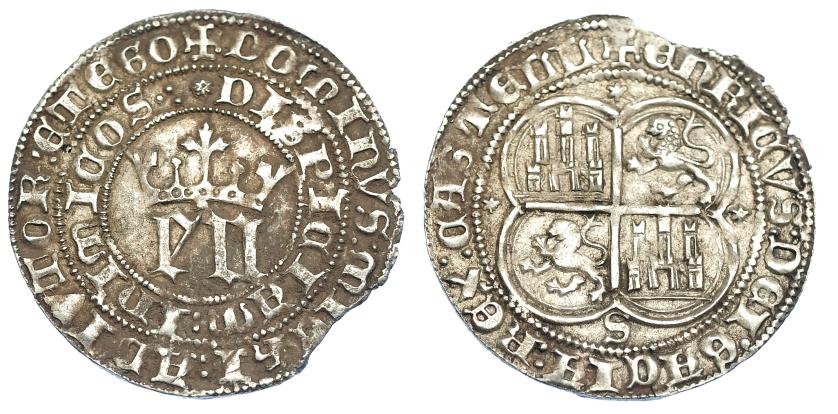 736   -  REINOS DE CASTILLA Y LEÓN. ENRIQUE III. Real. Sevilla. E y N pequeñas. AR 3,41 g. 28,7 mm. III-585. BMM-759. Pequeña rotura al borde. MBC.