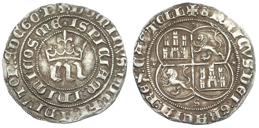 739   -  REINOS DE CASTILLA Y LEÓN. ENRIQUE III. Real. Sevilla. E y N muy pequeñas. AR 3,50 g. 27,4 mm. III-585.1. BMM-759.2. EBC-. Muy escasa.