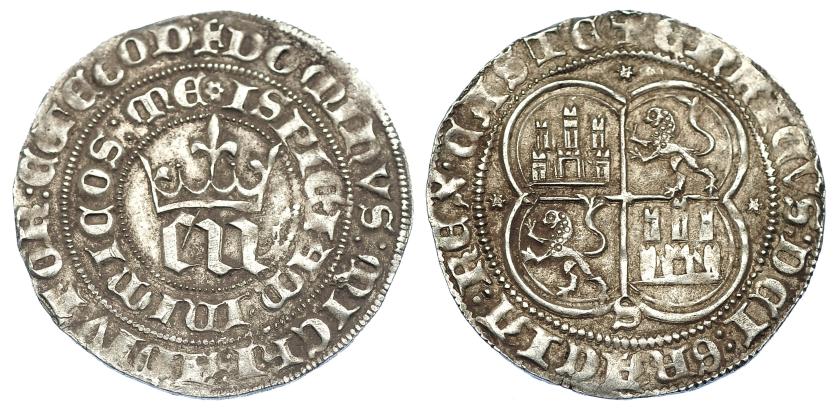 742   -  REINOS DE CASTILLA Y LEÓN. ENRIQUE III. Real. Sevilla. E y N muy pequeñas. AR 3,52 g. 28 mm. III-585.1. BMM-759.2. EBC-. Muy escasa.