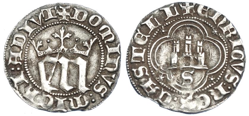 744   -  REINOS DE CASTILLA Y LEÓN. ENRIQUE III. 1/2 real. Sevilla. AR 1,77 g. 20,3 mm. III-588. BMM-762. MBC. Rara.