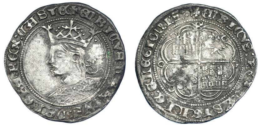 748   -  REINOS DE CASTILLA Y LEÓN. ENRIQUE IV. Real. Burgos. Punto detrás del busto. AR 3,35 g. 27,6 mm. III-688.2. BMM-885.3. Manchas de óxido. MBC.