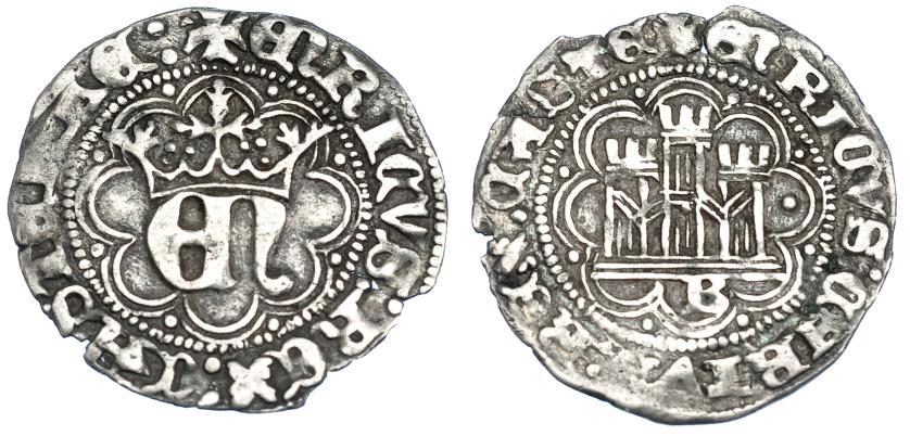 751   -  REINOS DE CASTILLA Y LEÓN. ENRIQUE IV. 1/2 real. AR 1,60 g. 21,3 mm. Burgos. A/ + ENRICUS : REX : CASTELLE:. R/ + ENRICUS : CARTUS : REX : CASTE. III-696 vte. con punto a la der. del castillo. BMM-925.1. MBC. Muy rara.