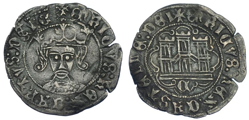 762   -  REINOS DE CASTILLA Y LEÓN. ENRIQUE IV. Cuartillo. Marca C gótica. A/ + ENRICUS: REX: CARTUS: DEI: G. R/ + ENRICUS: REX: CASTELLE: DEI. AR 2,69 g. 26,4 mm. III-741 vte. BMM-1003 vte. Pequeñas grietas. MBC+. Muy rara. Nunca habíamos visto esta variante de leyenda.