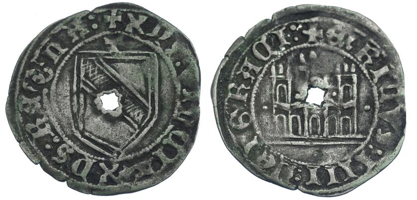 773   -  REINOS DE CASTILLA Y LEÓN. ENRIQUE IV. Blanca de la banda. Toledo. Castillo entre puntos. Ve 2,03 g. 26,4 mm. III-815.1. BMM-983.1. Perforación central. MBC-. Muy escasa. 