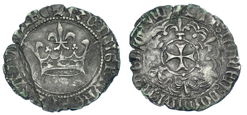 779   -  REINO DE NAVARRA. JUAN II DE ARAGÓN, correinante en Navarra con la reina Blanca (1425-1441). Gros. Navarra. IV-253. AR 2,10 g. 26,1 mm. Rotura al borde y grietas. MBC. Rara.