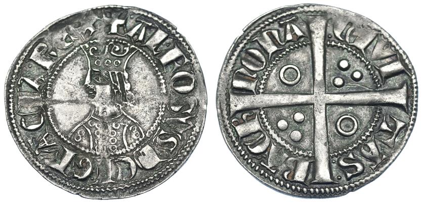 785   -  CORONA DE ARAGÓN. ALFONSO EL LIBERAL (1285-1291). Croat. Barcelona. CIVI entre puntos. Ar 3,10 g. 25 mm. IV-331. MBC+. Muy escasa.