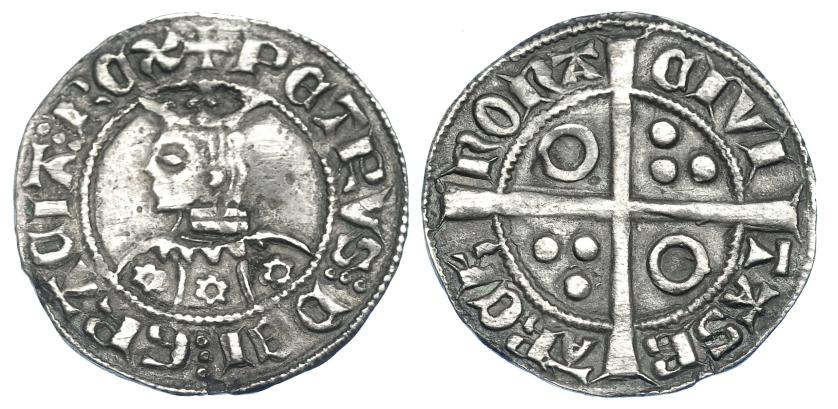 790   -  CORONA DE ARAGÓN. PEDRO EL CEREMONIOSO (1336-1387). Croat. Barcelona. CIVI en tres puntos. Flores de seis pétalos. AR 2,92 g. 23,8 mm. IV-402. MBC. Rara.