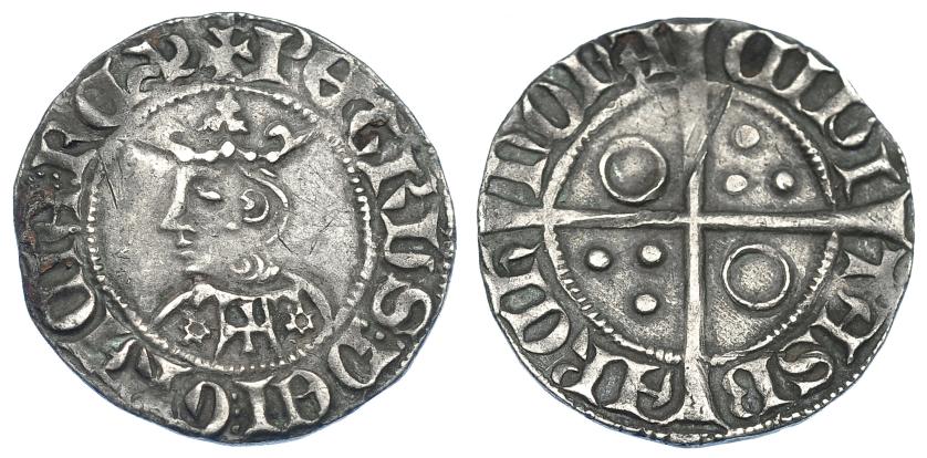 792   -  CORONA DE ARAGÓN. PEDRO EL CEREMONIOSO (1336-1387). Croat. Barcelona. CIVI en tres puntos. Flores de seis pétalos. AR 3,08 g. 2,1 mm. IV-407. Dos rayas. MBC+. Rara.