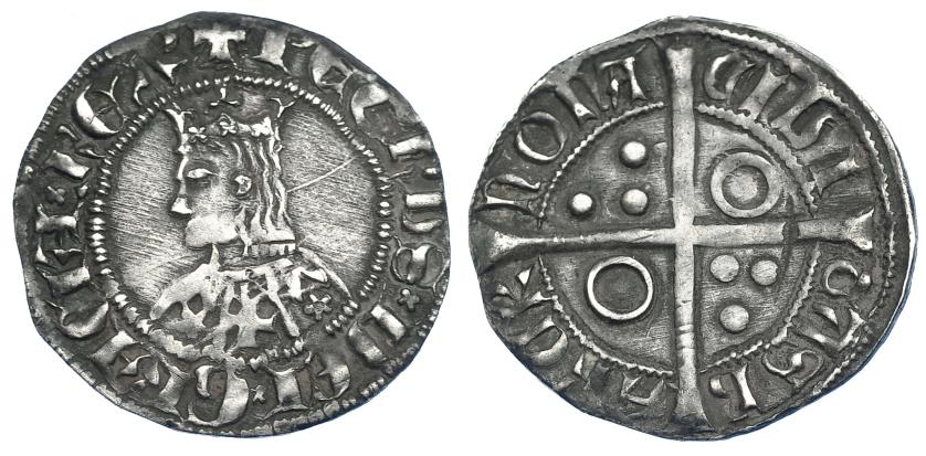 794   -  CORONA DE ARAGÓN. PEDRO EL CEREMONIOSO (1336-1387). Croat. Barcelona. CIVI en anillo. AR 3,15 g. 24,5 mm. IV-408.1. Raya en rev. MBC.