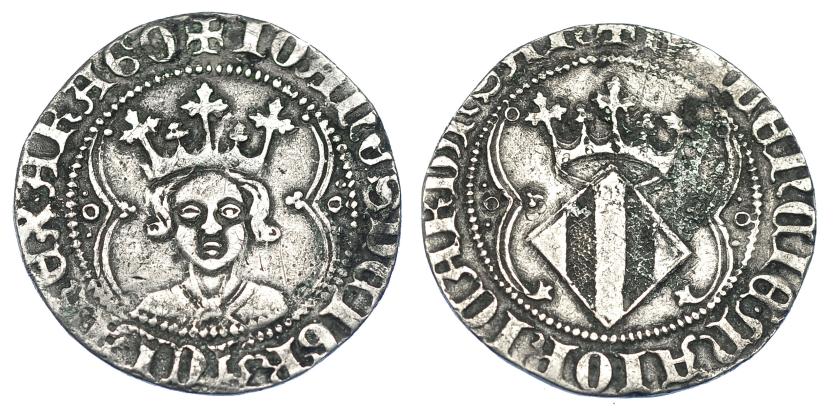 797   -  CORONA DE ARAGÓN. JUAN EL CAZADOR (1387-1396). Real. Valencia. AR 2,76 g. 24,8 mm. IV-480. Oxidación en rev. MBC.