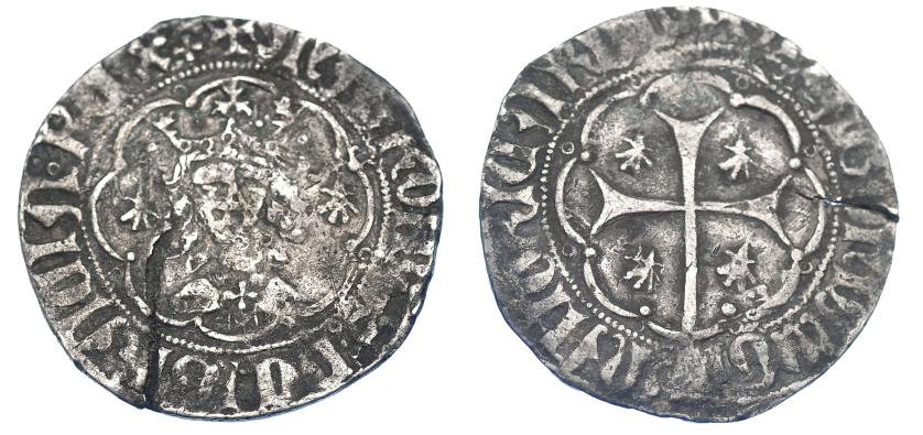 799   -  CORONA DE ARAGÓN. MARTÍN EL HUMANO (1396-1410). Real. Mallorca. Marca veneras en anv. y rev. AR 2,89 g. 24,3 mm. IV-517. Grieta. BC-/BC+. Muy escasa.