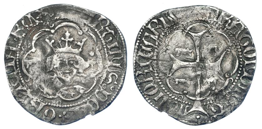 800 - CORONA DE ARAGÓN. MARTÍN EL HUMANO (1396-1410). 1/2 real. Mallorca. Marca: bueyes en anv. y rev. AR 1,48 g. 20,2 mm. IV-520. Raya en rev. BC+. Muy escasa.