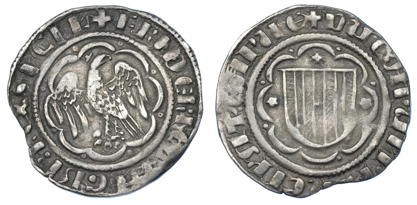 804   -  CORONA DE ARAGÓN. FEDERICO III DE SICILIA (1296-1337). Pirreal. AR 3,28 g. 24,1 mm. IV-566 vte. cospel irregular. MBC. 