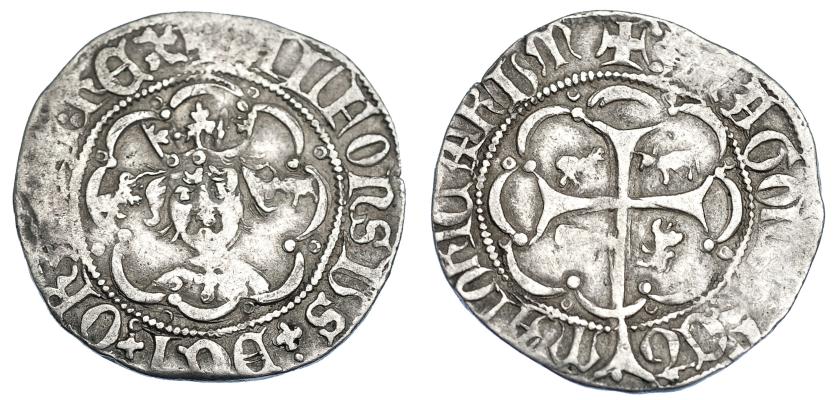 812   -  CORONA DE ARAGÓN. ALFONSO EL MAGNÁNIMO (1416-1458). Real. Mallorca. Marcas león y buey. AR 3,14 g. 24,6 mm. IV-832. MBC-. Muy escasa.