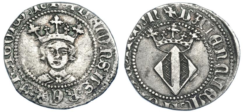 818   -  CORONA DE ARAGÓN. ALFONSO EL MAGNÁNIMO (1416-1458). 1/2 real. Valencia. AR 1,48 g. 18,4 mm. IV-865. MBC. Muy escasa.