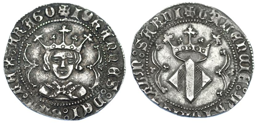 820   -  CORONA DE ARAGÓN. JUAN EL GRANDE (1458-1479). Real. Valencia. A/ +IOhANNES: DEI: GRA: REX: ARAGO. R/ VALENCIE: MAIORICARUM: SARD. AR 3,25 g. 24,8 mm. IV-966. MBC+/EBC-. Muy rara en esta conservación.