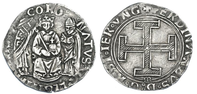 821   -  FERNANDO I DE NÁPOLES (1458-1494). Coronado. Nápoles. Marca M en rev. AR 3,50 g. 27,3 mm. IV-1001. MBC.
