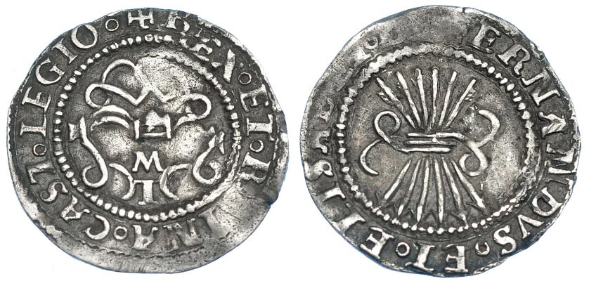 829   -  REYES CATÓLICOS. 1/2 real. Toledo. M sobre T en anv. Nombre de los reyes en rev. AR 1,63 g. 20,3 mm. AC-288. MBC. 