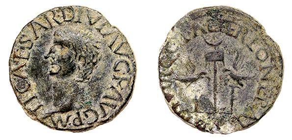 84   -  ILICI. Semis. Tiberio. A/ Cabeza a izq.; TI CAESAR DIVI AVG F AVG P M. R/ Dos aquilae, en medio vexillum;  C II ALTER LON L PAP (AVIT II VI)R Q. AE 5,67 g. 22 mm. RPC-199. APRH-199. ACIP-3210. CC-4444, mismo ejemplar. Pátina verde. MBC-. Escasa.