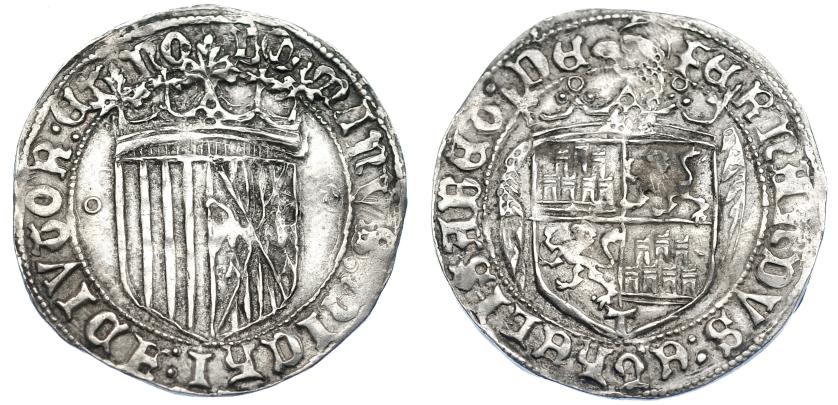 841   -  REYES CATÓLICOS. Real. Anterior a la Pragmática. Toledo (1474). Roeles a los lados del escudo. AR 3,42 g. 27,4 mm. AC-451. MBC/MBC+. Escasa.
