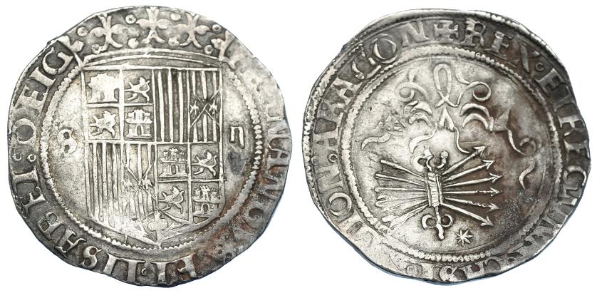 848   -  REYES CATÓLICOS. 2 reales. Sevilla. Estrella de ocho puntas en rev. AR 6,73 g. 31,1 mm. AC-516. MBC/MBC+.