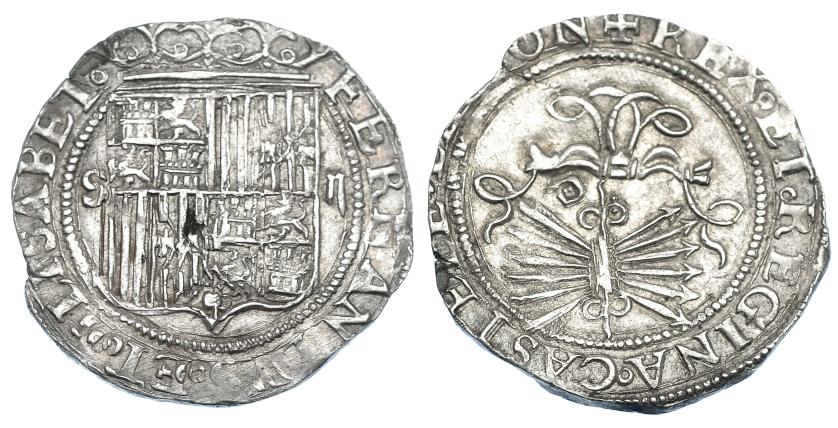 849   -  REYES CATÓLICOS. 2 reales. Sevilla. Marca de ensayador Melchor Damián en rev. AR 6,86 g. 30,2 mm. AC-523. EBC-.