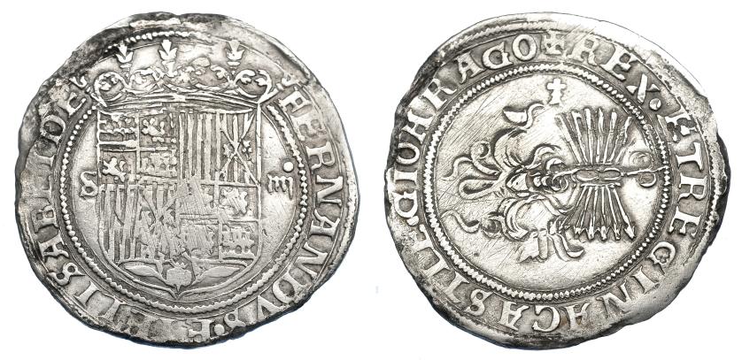 851   -  REYES CATÓLICOS. 4 reales. Sevilla. Cruz patriarcal en rev. AR 12,66 g. 37,5 mm. AC-554. Erosiones en los borde. MBC-/MBC. Muy escasa.