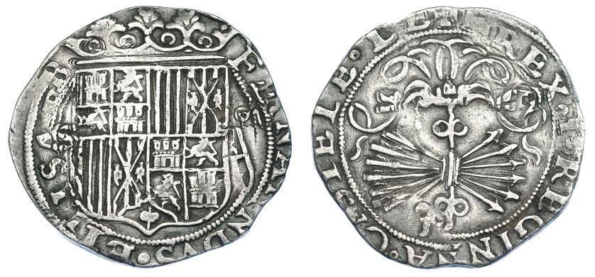 853   -  REYES CATÓLICOS. 4 reales. Sevilla. Sin marcas. AR 13,39 g. 33,9 mm. AC-560. MBC.