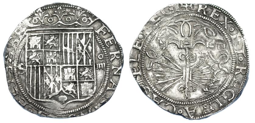 855   -  REYES CATÓLICOS. 4 reales. Sevilla. Marca de ensayador Melchor Damián en rev. AR 13,66 g. 33,4 mm. AC-564. MBC+.