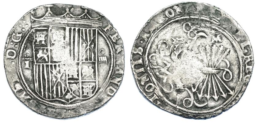 857   -  REYES CATÓLICOS. 4 reales. Toledo. T bajo roel en anv. M bajo estrella en rev. AR 13,07 g. 33,9 mm. AC-568 vte. MBC-. Rara.