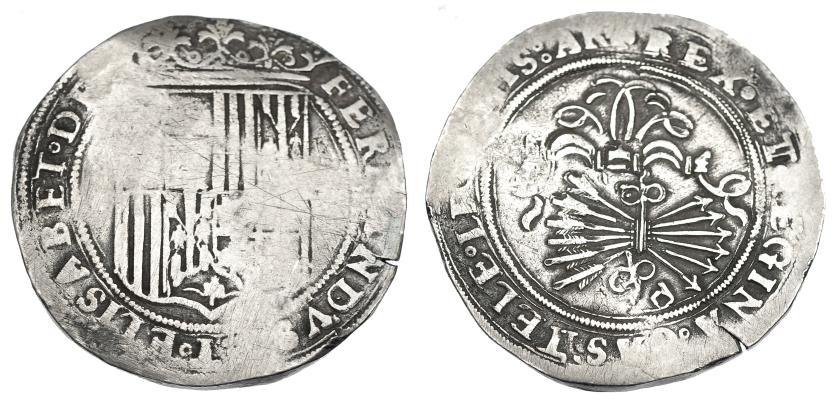 859   -  REYES CATÓLICOS. 8 reales. S/F. Sevilla. Marca de ensayador Melchor Damián. Marca de ceca y valor no visibles. AR 25,77 g. 40,4 mm. AC-tipo 97. Finas rayas. Vanos. BC/MBC.