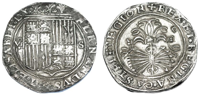 861   -  REYES CATÓLICOS. 8 reales. S/F. Sevilla. Marca de ensayador Melchor Damián. Valor a izq. AC-578. 3 rayas en rev. MBC/MBC+. 