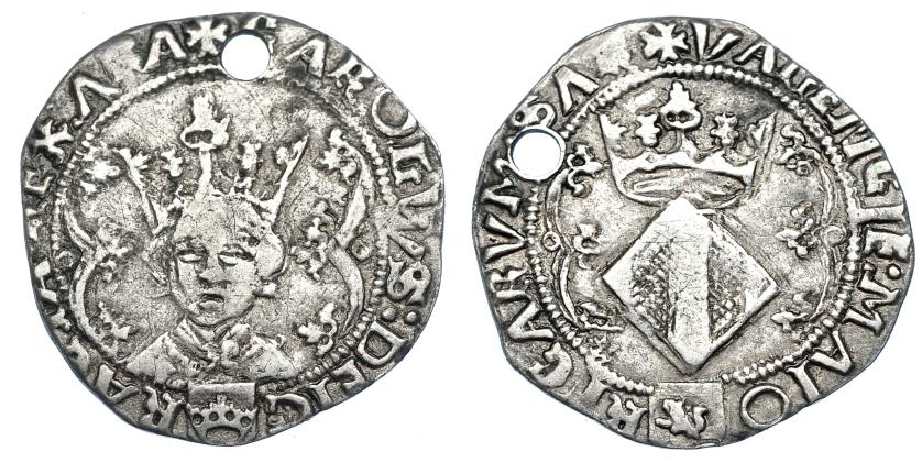 890   -  CARLOS I. 2 reales o 3 sous. S/F. Valencia. Marca escudete con corona en la ley. del anv. y con león en la de rev. AC-92. Agujero. BC+/MBC-.