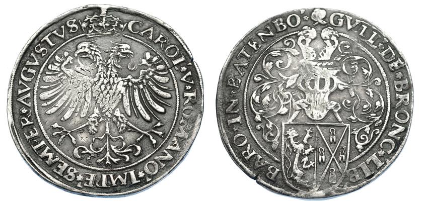 895   -  CARLOS I DE ESPAÑA Y V DE ALEMANIA. Baronía de Batemburgo (círculo de Westfalia). Carlos V y Guillermo de Bronckhorst. Escudo. S/F (1556-1575). DAV-8552. Pequeña grieta. MBC. Escasa.