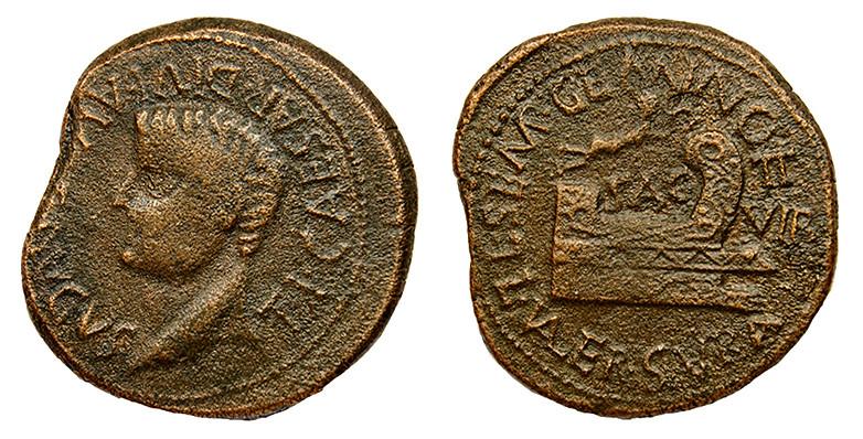 90   -  SAGUNTUM. Dupondio. Tiberio. A/ Cabeza a izq.; TI CAESAR DIVI AVG F AVGVS. R/ Proa a der., encima SAG y victoria, delante II/VIR; L SEMP GEMINO L VALER SVRA II VIR. AE 15,03 g. 29 mm. RPC-201. APRH-201c. ACIP-3236b. CC-4453, mismo ejemplar. Cospel irregular. MBC-/MBC. Muy rara.