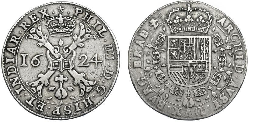 923   -  COLECCIÓN DE DUCATONES Y PATAGONES DE DOBLE PESO. FELIPE IV.  Doble patagón. 1624. Maastricht. A/ . PHIL. IIII. D. G. HISP. ET. INDIAR. REX. R/ . ARCHID. AVST. DVX. BVRG. BRAB. Zc. AR 55,32 g. DEL-294a (R2). DAV-4461. MBC. Muy rara.