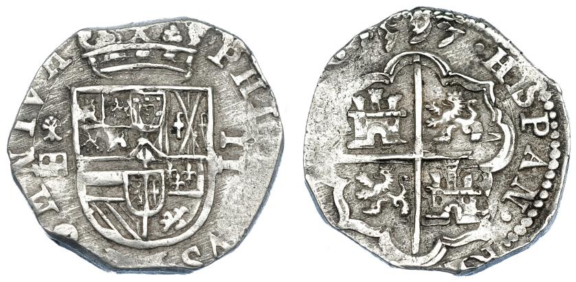 951   -  FELIPE II. 2 reales. 1597. Segovia. Marca árbol. Fecha completa. AC-397. MBC/MBC+. Muy rara en esta conservación.