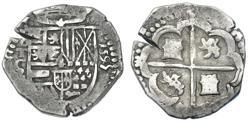 954   -  FELIPE II. 2 reales. 1595. Toledo. C. AC-449. Escasa. Cospel abierto. MBC/MBC-.