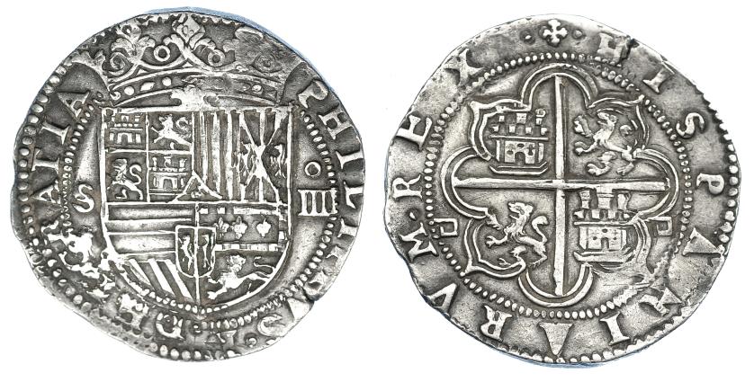 963   -  FELIPE II. 4 reales. S/F. Sevilla. Doble marca de ensayador Melchor Damián en rev. AC-577. MBC+. Muy escasa en esta conservación.