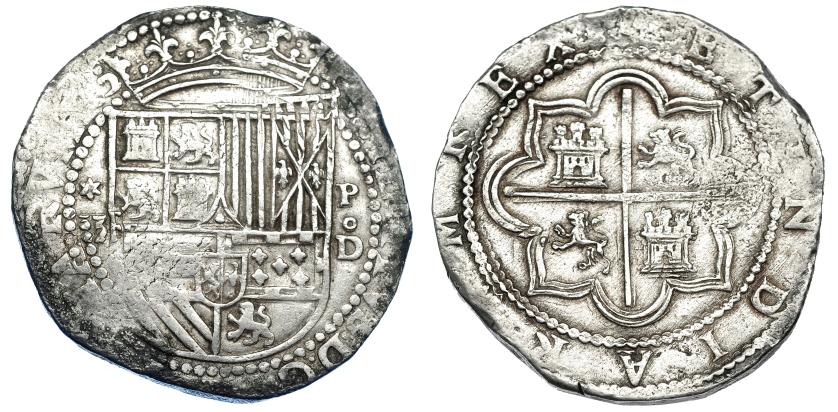 967   -  FELIPE II. 8 reales. S/F. Lima. A/ * sobre valor 8 a izquierda y P, Dº a der. AC-654. Oxidaciones en anv. MBC. Rara.