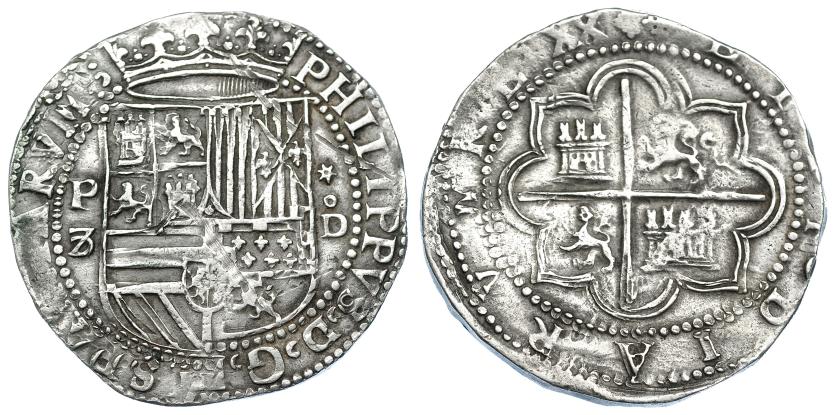 968   -  FELIPE II. 8 reales. S/F. Lima. A/ P-8 a izq. y *- Dº. AC-655. Rayas en anv. MBC+/MBC. Muy rara en esta conservación.