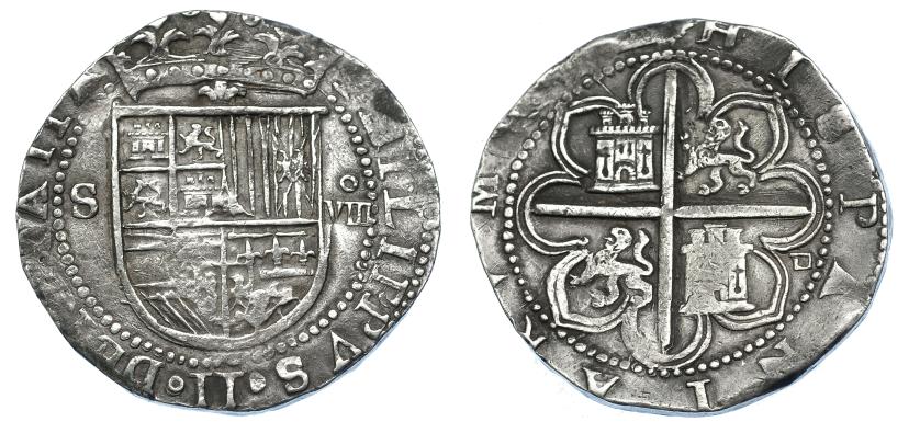 977   -  FELIPE II. 8 reales. S/F. Sevilla. Marca de ensayador Melchor Damián. AC-721. MBC+/MBC.