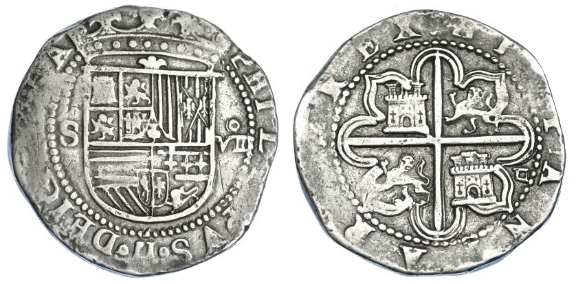 979   -  FELIPE II. 8 reales. S/F. Sevilla. Marca de ensayador Melchor Damián. AC-721. MBC/MBC-.