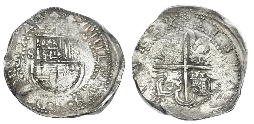 980   -  FELIPE II. 8 reales. S/F. Sevilla. Marca de ensayador Melchor Damián no visible. AC-721. Vanos de acuñación. MBC.