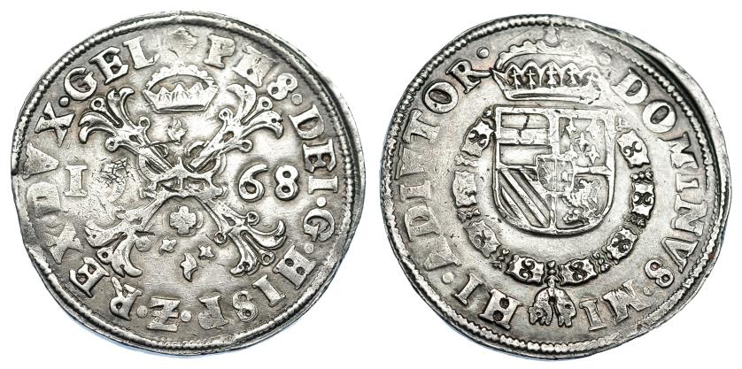 985   -  FELIPE II. Escudo de Borgoña. 1568. Güeldres. DEL-92. DAV-8497. Rayitas. MBC+.