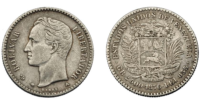 1002   -  MONEDAS EXTRANJERAS. VENEZUELA. 10 centavos. 1876. A. KM-13,1. MBC.