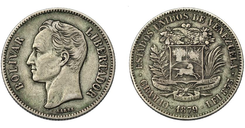 1003   -  MONEDAS EXTRANJERAS. VENEZUELA. 2 bolívares. 1879. KM-15. MBC-. 