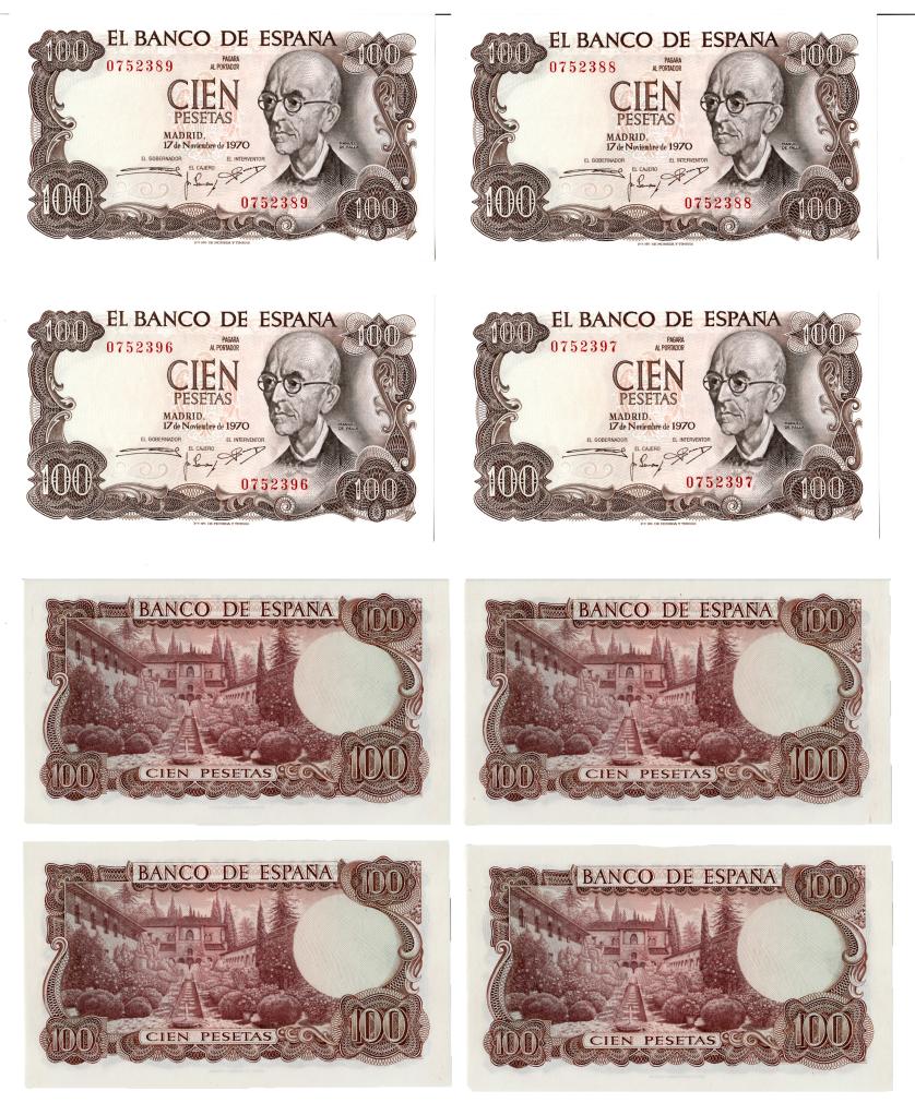 1008   -  BILLETES ESPAÑOLES. Lote de 2 parejas correlativas de billetes de 100 pesetas 11-1970. Sin serie. Total 4. SC.