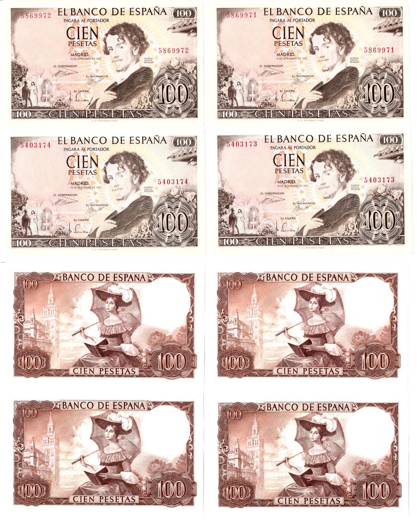 1009   -  BILLETES ESPAÑOLES. Lote de 2 parejas correlativas de billetes de 100 pesetas 11-1965. Sin serie. Total 4. Ligera arruga en una pareja. SC.