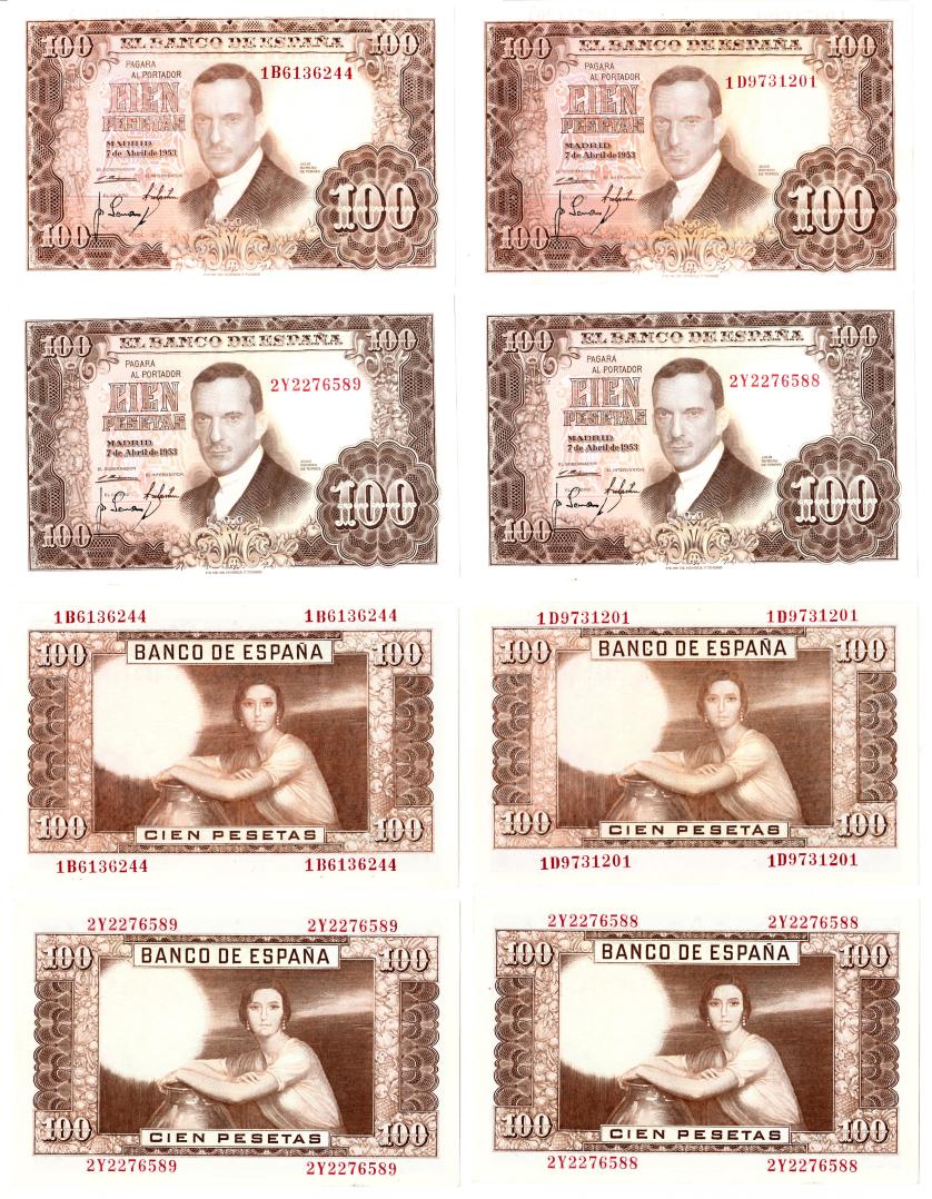 1010   -  BILLETES ESPAÑOLES. Lote de 4 billetes de 100 pesetas. 4-1953. Series IB, ID y 2 Y en pareja correlativa con esquina dañada. SC.